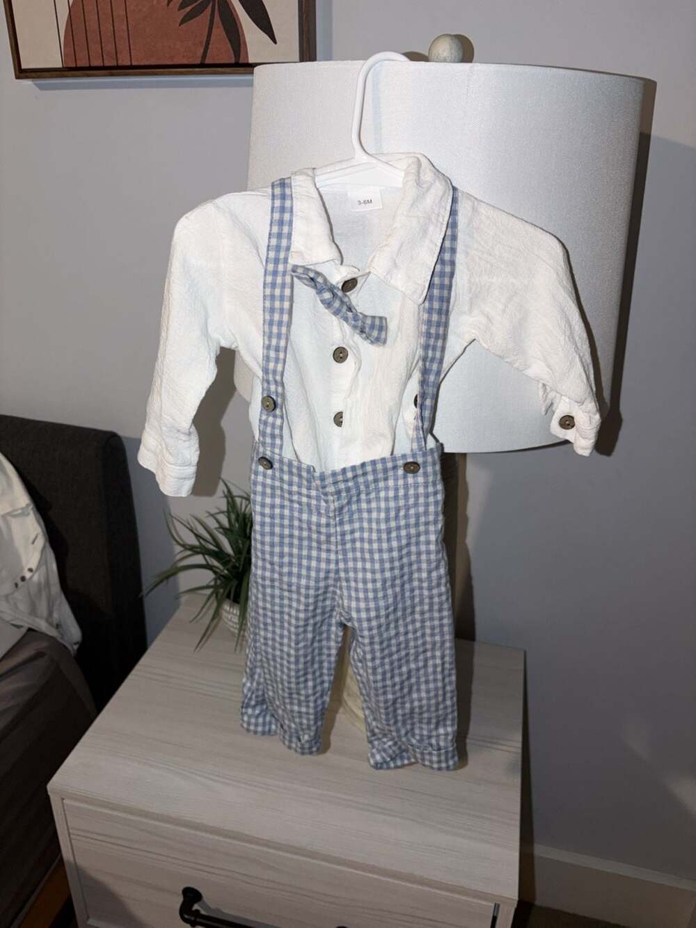 Infant Baby Boy Gentleman Outfit Long Sleeve Shirt Bow Tie with Blue Gingham Pla